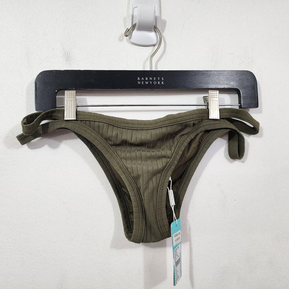 Seafolly Australia Inka Rib Brazilian Bikini Bottoms Dark Olive Womens Size 10